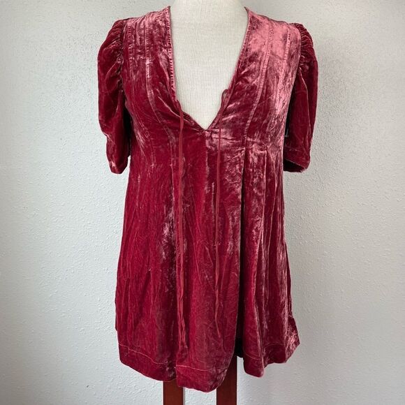Free People Tops - NWOT Red Velour V-Neck Tunic Top Size XS